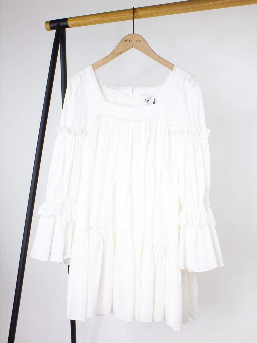 NWT Aje White Square Neck Ruffle Tiered Mini Dress Size 10 - Picture 14 of 14